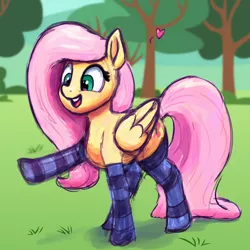 Size: 3000x3000 | Tagged: safe, artist:dummyhorse, derpibooru import, fluttershy, pegasus, pony, clothes, colored sketch, female, heart, image, mare, open mouth, open smile, png, smiling, socks, solo, stockings, striped socks, thigh highs