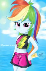 Size: 652x1014 | Tagged: safe, artist:fluttershy_art.nurul, derpibooru import, rainbow dash, equestria girls, equestria girls series, forgotten friendship, belly button, clothes, female, image, ocean, png, solo, sunscreen, swimming trunks, swimsuit, water