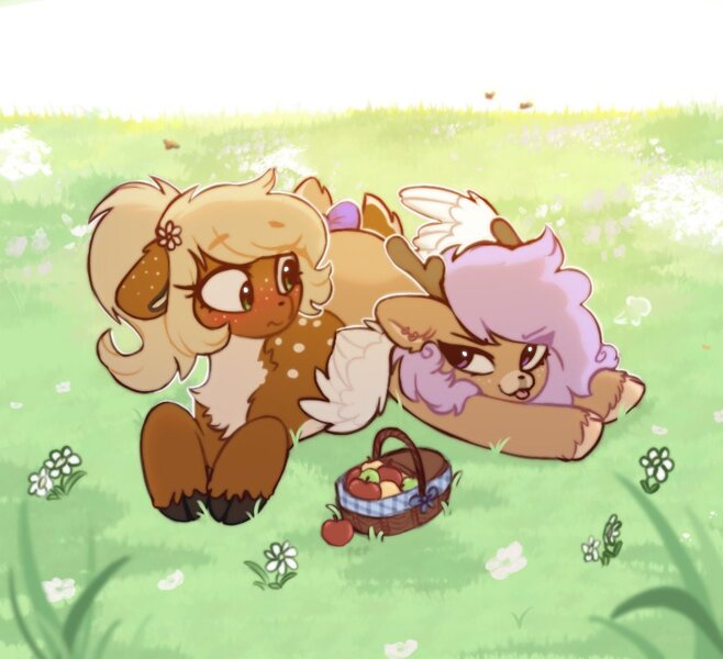 Size: 877x800 | Tagged: safe, artist:flixanoa, derpibooru import, oc, unofficial characters only, deer, deer pony, original species, peryton, duo, image, jpeg