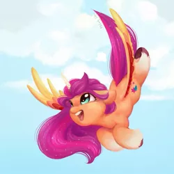 Size: 1200x1200 | Tagged: safe, artist:melodylibris, derpibooru import, sunny starscout, alicorn, earth pony, pony, my little pony: a new generation, cloud, cute, female, flying, g5, glow, glowing horn, glowing wings, happy, horn, image, jpeg, looking up, mare, open mouth, open smile, race swap, sky, smiling, solo, spread wings, sunnybetes, sunnycorn, unshorn fetlocks, wings