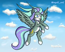 Size: 3375x2700 | Tagged: safe, artist:ingolf arts, derpibooru import, oc, oc:viola sunset, unofficial characters only, pegasus, pony, cloud, female, flying, grin, high res, image, looking at you, mare, png, sky, smiling, solo, spread wings, wings