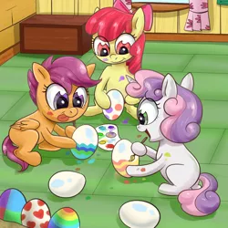 Size: 1000x1000 | Tagged: safe, artist:candyclumsy, derpibooru import, apple bloom, scootaloo, sweetie belle, adorabloom, cute, cutealoo, cutie mark crusaders, diasweetes, easter egg, image, painting, png