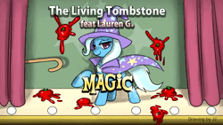 Size: 640x360 | Tagged: safe, artist:johnjoseco, artist:lauren goodnight, artist:the living tombstone, derpibooru import, trixie, pony, unicorn, 2012, animated, brony history, brony music, cover, cover art, female, food, image, link in description, mare, music, nostalgia, sound, sound only, stage, tomato, webm