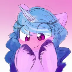 Size: 2000x2000 | Tagged: safe, artist:littleblackraencloud, derpibooru import, izzy moonbow, pony, unicorn, blushing, bust, g5, gradient background, image, jpeg, portrait, solo, wavy mouth