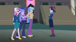 Size: 3410x1920 | Tagged: safe, derpibooru import, screencap, princess cadance, princess celestia, princess luna, principal abacus cinch, equestria girls, friendship games, canterlot high, crossed arms, dean cadance, female, hand on hip, high res, image, jpeg, principal celestia, vice principal luna