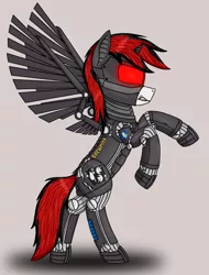 Size: 2133x2812 | Tagged: safe, derpibooru import, oc, oc:blackjack, cyborg, pony, fallout equestria, fallout equestria: project horizons, angry, artificial alicorn, artificial wings, augmented, cyber eyes, cyber legs, fanfic art, female, glow, glowing eyes, image, level 4 (alicorn eclipse) (project horizons), mare, mechanical wing, png, simple background, solo, wings