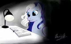 Size: 1280x800 | Tagged: safe, artist:adolphusarthuro, derpibooru import, silver glow, pegasus, pony, fanfic:silver glow's journal, book, fanfic art, image, jpeg, lamp, pencil in mouth, solo