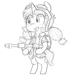 Size: 670x730 | Tagged: safe, artist:cherro, derpibooru import, oc, oc:nina rauser, unofficial characters only, pony, unicorn, bipedal, clothes, flamethrower, hawaiian shirt, image, png, shirt, simple background, solo, weapon, white background