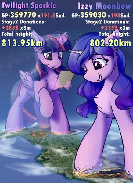 Size: 1600x2200 | Tagged: safe, artist:ravistdash, derpibooru import, izzy moonbow, twilight sparkle, alicorn, pony, unicorn, spoiler:g5, destruction, earth, female, g5, growth drive, image, macro, magic, ocean, png, rampage, smiling, smirk, text, water