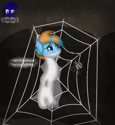 Size: 3840x4154 | Tagged: safe, artist:damlanil, derpibooru import, oc, oc:frizzen, unofficial characters only, alicorn, pony, spider, bondage, bound, cave, cocoon, colt, colt prey, commission, crying, foal, gag, horn, image, male, no mouth, onomatopoeia, png, show accurate, solo, spider web, suspended, suspension bondage, vector, web gag