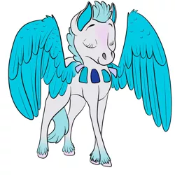 Size: 894x894 | Tagged: safe, artist:radioactivemantaray, derpibooru import, pegasus, pony, blue wings, collar, colored hooves, eyes closed, gradient legs, gray coat, image, jpeg, short mane, simple background, solo, unshorn fetlocks, webkinz, white background, wings