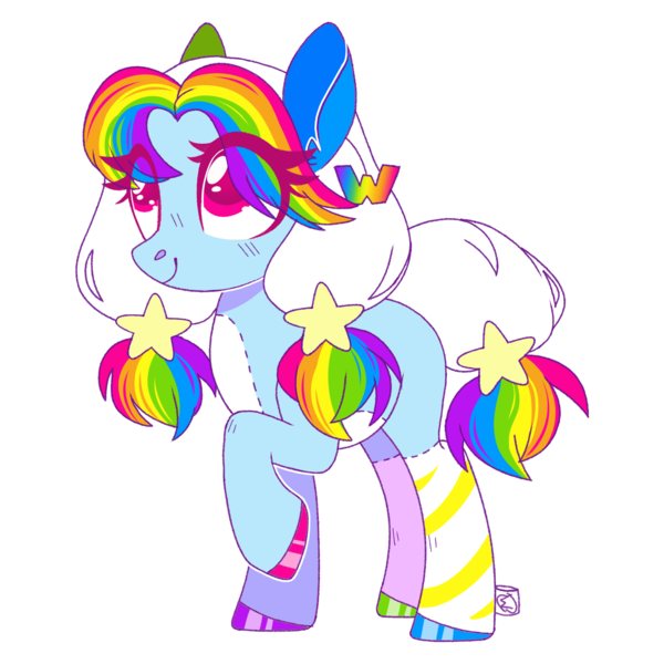 Size: 1926x1925 | Tagged: safe, artist:inochizuna, derpibooru import, oc, earth pony, original species, plush pony, pony, accessories, adoptable, blue coat, brand, colored eyelashes, colored hooves, digital art, hair accessory, hairclip, image, multicolored coat, multicolored hair, multicolored mane, patches, pigtails, plushie, png, rainbow hair, red eyes, simple background, solo, stars, stitches, transparent background, twintails, w, webkinz, white mane