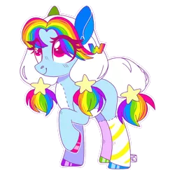 Size: 1926x1925 | Tagged: safe, artist:inochizuna, derpibooru import, oc, earth pony, original species, plush pony, pony, accessories, adoptable, blue coat, brand, colored eyelashes, colored hooves, digital art, hair accessory, hairclip, image, multicolored coat, multicolored hair, multicolored mane, patches, pigtails, plushie, png, rainbow hair, red eyes, simple background, solo, stars, stitches, transparent background, twintails, w, webkinz, white mane