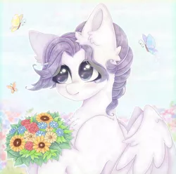 Size: 2020x2000 | Tagged: safe, artist:saltyvity, derpibooru import, oc, unofficial characters only, butterfly, crystal pony, insect, pegasus, pony, big eyes, blushing, cloud, commission, crystal eyes, cute, cute face, cute smile, flower, image, png, purple eyes, purple hair, sky, solo, sparkles, spring