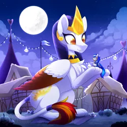 Size: 1200x1200 | Tagged: safe, artist:scarlet-spectrum, derpibooru import, oc, oc:diamond sun, oc:hawker hurricane, pegasus, pony, sphinx, clothes, colored wings, commission, costume, fangs, female, image, male, mare, moon, night, nightmare night, paws, png, size difference, stallion, watermark, wings