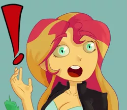 Size: 717x620 | Tagged: safe, artist:vsma8, derpibooru import, edit, sunset shimmer, equestria girls, breasts, busty sunset shimmer, cleavage, cropped, exclamation point, female, image, open mouth, png, reaction image, solo