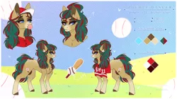 Size: 3990x2230 | Tagged: safe, artist:honeybbear, derpibooru import, oc, oc:double dinger, unofficial characters only, earth pony, pony, baseball, bubble, bubblegum, butt, clothes, coat markings, commission, food, gum, hooves, image, jersey, png, poofy mane, socks (coat marking), solo, sports, tail, two toned mane, two toned tail
