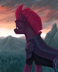 Size: 1280x1585 | Tagged: safe, artist:tigra0118, derpibooru import, tempest shadow, pony, unicorn, my little pony: the movie, digital art, evening, female, image, jpeg, looking at something, mountain, my little pony, solo, sunset