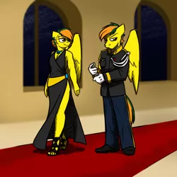 Size: 1280x1280 | Tagged: safe, artist:captainhoers, derpibooru import, oc, oc:dual screen, unofficial characters only, anthro, pegasus, plantigrade anthro, pony, breasts, cleavage, clothes, colored, colored sketch, dress, dress uniform, female, high heels, image, male, mare, png, shoes, simple background, stallion, uniform, wonderbolts dress uniform