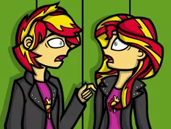 Size: 1024x768 | Tagged: safe, artist:spinoffjoe, derpibooru import, sunset shimmer, equestria girls, clothes, duo, equestria guys, female, image, jacket, leather jacket, male, open mouth, png, r63 paradox, rule 63, self paradox, self ponidox, shocked, sunset glare, wide eyes