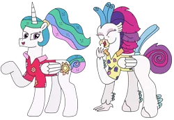 Size: 2969x2056 | Tagged: safe, artist:supahdonarudo, derpibooru import, princess celestia, queen novo, alicorn, classical hippogriff, hippogriff, my little pony: the movie, alternate hairstyle, alternate tailstyle, clothes, eyes closed, hawaiian shirt, image, laughing, png, ponytail, raised hoof, shirt, simple background, tail, transparent background