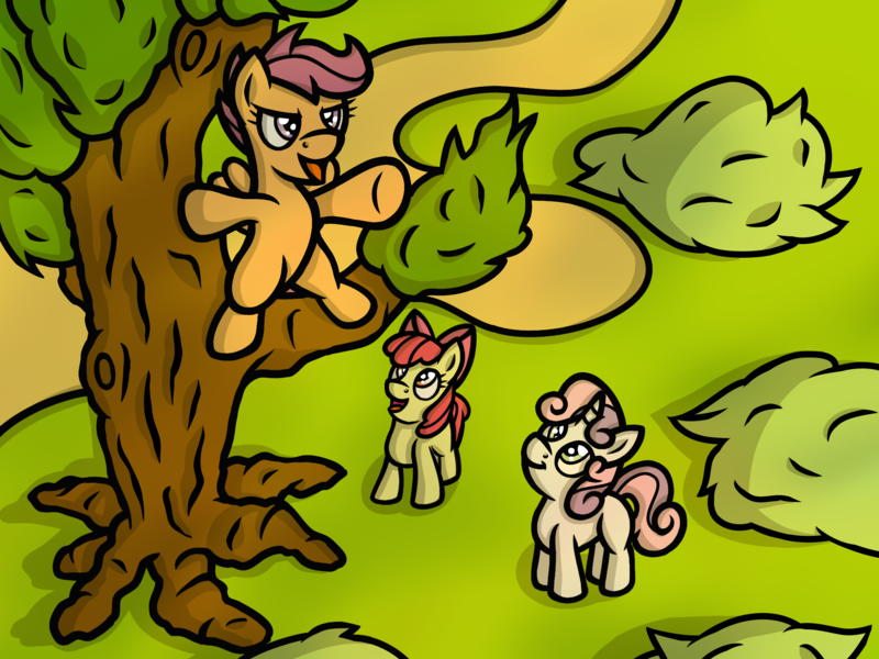 Size: 2048x1536 | Tagged: safe, artist:spinoffjoe, derpibooru import, apple bloom, scootaloo, sweetie belle, earth pony, pegasus, pony, unicorn, bipedal, cutie mark crusaders, female, filly, foal, image, open mouth, png, tree, trio, trio female