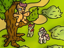 Size: 2048x1536 | Tagged: safe, artist:spinoffjoe, derpibooru import, apple bloom, scootaloo, sweetie belle, earth pony, pegasus, pony, unicorn, bipedal, cutie mark crusaders, female, filly, foal, image, open mouth, png, tree, trio, trio female