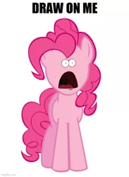 Size: 500x683 | Tagged: artist needed, safe, derpibooru import, pinkie pie, earth pony, pony, caption, d:, draw on me, exploitable meme, front view, full body, hooves, image, jpeg, meme, open mouth, simple background, solo, spongebob squarepants, standing, surprised patrick, text, white background