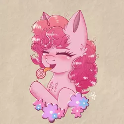 Size: 1280x1280 | Tagged: safe, artist:galaxy swirl, derpibooru import, pinkie pie, earth pony, pony, candy, chest fluff, ear fluff, eyebrows, eyebrows visible through hair, eyes closed, female, food, hoof hold, image, jpeg, licking, lollipop, mare, open mouth, open smile, signature, smiling, solo, tongue out
