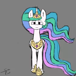 Size: 2048x2048 | Tagged: safe, artist:solder point, derpibooru import, princess celestia, alicorn, pony, cheek fluff, chest fluff, colored, crown, digital art, ear fluff, ethereal mane, ethereal tail, female, flat colors, fluffy, gray background, hoof fluff, image, intimidating, jewelry, looking at you, mare, png, regalia, signature, simple background, sketch, solo, standing, tail, unamused