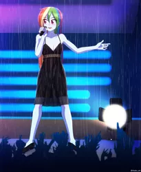 Size: 818x1000 | Tagged: safe, artist:riouku, derpibooru import, rainbow dash, equestria girls, alternate hairstyle, clothes, commission, crowd, dress, female, flats, image, microphone, open mouth, png, rain, shoes, singing, solo, spotlight, stage, wet hair
