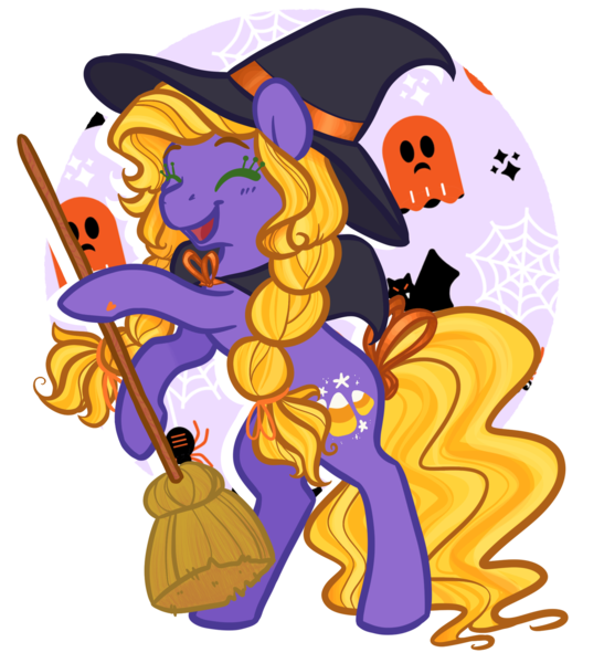 Size: 1822x1997 | Tagged: safe, artist:howdyhorsey, derpibooru import, abra-ca-dabra, earth pony, ghost, pony, undead, braid, broom, candy, candy corn, cloak, clothes, costume, eyes closed, food, g3, halloween, halloween costume, happy, hat, holding, holiday, image, png, purple coat, rearing, simple background, solo, spider web, transparent background, twin braids, witch, witch hat, yellow mane