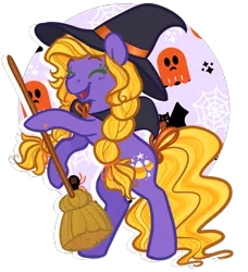 Size: 1822x1997 | Tagged: safe, artist:howdyhorsey, derpibooru import, abra-ca-dabra, earth pony, ghost, pony, undead, braid, broom, candy, candy corn, cloak, clothes, costume, eyes closed, food, g3, halloween, halloween costume, happy, hat, holding, holiday, image, png, purple coat, rearing, simple background, solo, spider web, transparent background, twin braids, witch, witch hat, yellow mane