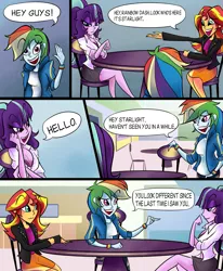 Size: 1899x2300 | Tagged: suggestive, artist:carabella3333, artist:mlp-cam, derpibooru import, rainbow dash, starlight glimmer, sunset shimmer, comic:equestria girls curse and madness, equestria girls, :3, blouse, bra, breasts, busty starlight glimmer, cleavage, clothes, comic, image, png, short skirt, skirt, speech bubble, tight clothing, unbuttoned, underwear