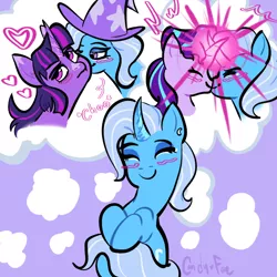 Size: 640x640 | Tagged: safe, artist:candy-fae, derpibooru import, starlight glimmer, trixie, twilight sparkle, pony, unicorn, eyeroll, female, image, kiss on the cheek, kissing, lesbian, png, shipping, smiling, startrix, trixie gets all the mares, twixie
