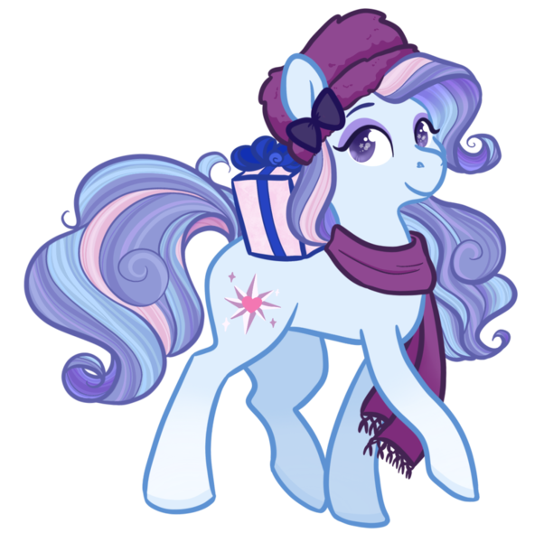 Size: 1280x1276 | Tagged: safe, artist:howdyhorsey, derpibooru import, earth pony, pony, g3, accessories, blue coat, blue mane, clothes, curly mane, cutie mark, eyeshadow, fanart, fur hat, hat, image, makeup, multicolored hair, multicolored mane, pink mane, png, present, purple eyes, purple mane, raised hoof, scarf, simple background, solo, transparent background, velvet bow, winter outfit