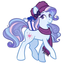 Size: 1280x1276 | Tagged: safe, artist:howdyhorsey, derpibooru import, earth pony, pony, g3, accessories, blue coat, blue mane, clothes, curly mane, cutie mark, eyeshadow, fanart, fur hat, hat, image, makeup, multicolored hair, multicolored mane, pink mane, png, present, purple eyes, purple mane, raised hoof, scarf, simple background, solo, transparent background, velvet bow, winter outfit