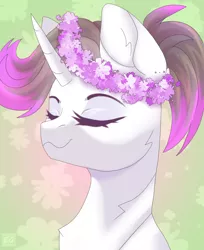 Size: 3528x4320 | Tagged: safe, artist:elektra-gertly, derpibooru import, oc, oc:hazel radiate, unofficial characters only, pony, unicorn, bust, colored background, cute, drawing, eyebrows, eyelashes, eyes closed, female, floral head wreath, flower, flower in hair, gift art, high res, highlights, horn, image, mare, ocbetes, png, ponytail, portrait, smiling, smug, solo, unicorn oc