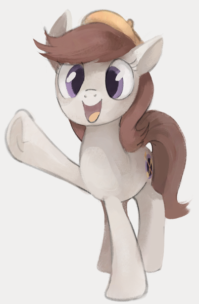 Size: 567x864 | Tagged: safe, artist:dotkwa, derpibooru import, oc, unofficial characters only, earth pony, pony, beret, gray background, hat, image, looking at you, open mouth, open smile, png, simple background, smiling, smiling at you, solo, waving