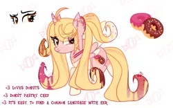 Size: 4335x2702 | Tagged: safe, artist:idkhesoff, derpibooru import, oc, oc:strawberry sprinkles, unofficial characters only, alicorn, pony, alicorn oc, choker, clothes, donut, ear piercing, earring, female, food, freckles, horn, horn piercing, image, jewelry, mare, markings, multicolored hair, piercing, png, raised hoof, raised leg, reference sheet, shirt, simple background, solo, white background, wings