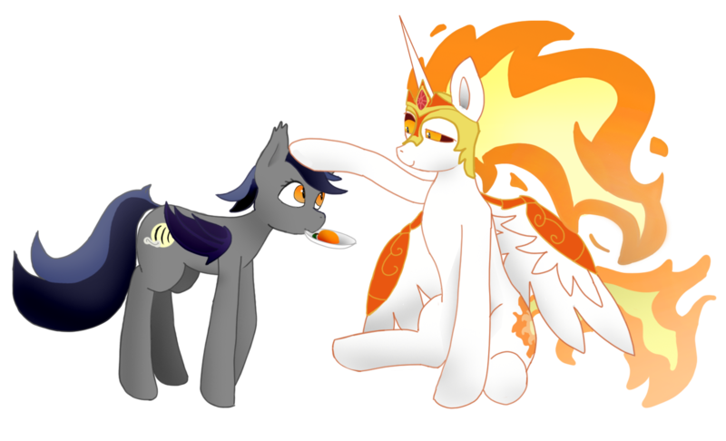 Size: 1480x900 | Tagged: safe, artist:puginpocket, derpibooru import, daybreaker, oc, oc:echo, alicorn, bat pony, pony, amused, female, folded wings, food, friendship, good end, helmet, image, mango, mare, offering, pat, png, simple background, sitting, standing, transparent background, wings