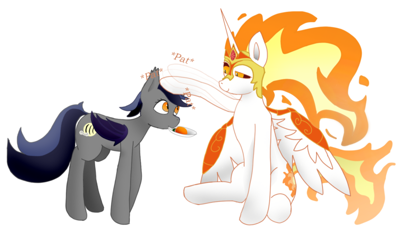 Size: 1480x900 | Tagged: safe, artist:puginpocket, derpibooru import, daybreaker, oc, oc:echo, alicorn, bat pony, pony, amused, female, folded wings, food, friendship, good end, helmet, image, mango, mare, offering, pat, png, simple background, sitting, standing, transparent background, wings