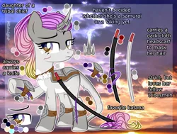 Size: 3046x2297 | Tagged: safe, artist:midnightmusic, derpibooru import, oc, oc:sunrise strom, unofficial characters only, pony, unicorn, armor, belt, curved horn, dagger, elbow pads, eye scar, female, glow, glowing horn, horn, horn guard, image, katana, knee pads, knife, leonine tail, magic, mare, markings, multicolored hair, png, reference sheet, samurai, scar, solo, sword, tail, viking, weapon