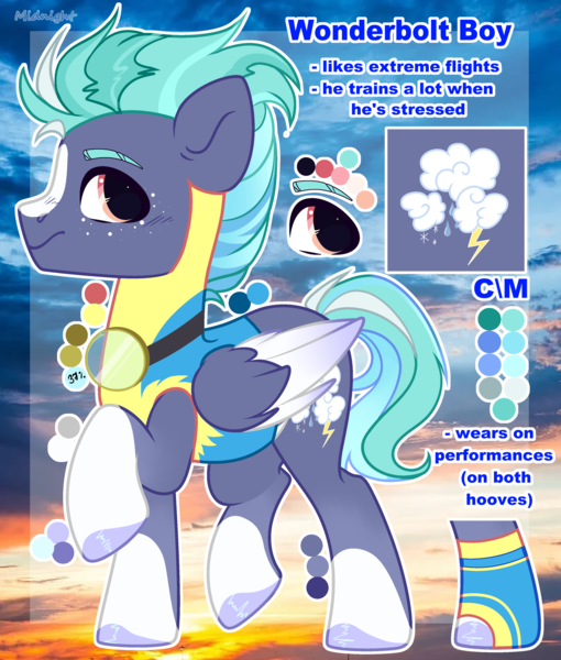 Size: 3036x3570 | Tagged: safe, artist:midnightmusic, derpibooru import, oc, oc:rushing clouds, unofficial characters only, pegasus, pony, clothes, freckles, goggles, image, male, markings, multicolored hair, png, raised hoof, raised leg, reference sheet, socks, solo, stallion, toeless socks, uniform, unshorn fetlocks, wonderbolt trainee uniform, wonderbolts