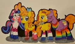 Size: 3878x2273 | Tagged: safe, artist:magicnova, derpibooru import, little mac, princess flurry heart, pumpkin cake, oc, oc:starfire blaze, alicorn, earth pony, pony, unicorn, amputee, bandana, bisexual pride flag, blaze (coat marking), bow, caption, clothes, coat markings, derpibooru exclusive, eye scar, eyes closed, face paint, facial markings, female, flurryblaze, gay, gay in front of girls, gay pride flag, happy, image, image macro, jpeg, lesbian, lesbian in front of boys, lesbian pride flag, looking at each other, looking at someone, male, mare, nuzzling, offspring, older, older flurry heart, older little mac, older pumpkin cake, parent:starlight glimmer, parent:sunburst, parents:starburst, pride, pride flag, prosthetic leg, prosthetic limb, prosthetics, pumpkin heart, scar, shipping, simple background, smiling, socks, stallion, starmac, straight, text, traditional art, white background
