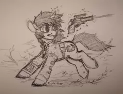 Size: 400x306 | Tagged: safe, artist:purple-blep, derpibooru import, oc, oc:littlepip, unofficial characters only, pony, unicorn, fallout equestria, black and white, female, grayscale, gun, handgun, image, little macintosh, mare, monochrome, png, revolver, solo, traditional art, weapon