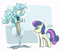 Size: 491x417 | Tagged: safe, artist:plunger, derpibooru import, bon bon, lyra heartstrings, sweetie drops, earth pony, pony, unicorn, bon bon is not amused, duo, female, image, jackhammer, jpeg, l.u.l.s., mare, unamused