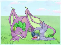 Size: 1024x768 | Tagged: safe, artist:dinkydoolove, derpibooru import, spike, oc, oc:ash, dragon, pony, dragoness, duo, faceplant, father and child, father and daughter, female, image, jpeg, male, offspring, older, older spike, outdoors, parent:princess ember, parent:spike, parents:emberspike, red face, winged spike, wings