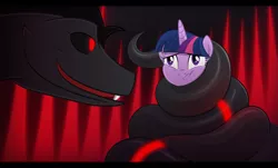 Size: 4535x2746 | Tagged: semi-grimdark, artist:culu-bluebeaver, derpibooru import, twilight sparkle, pony, serpent, snake, unicorn, comic:the six-winged serpent, coiling, coils, fake screenshot, female, horn, image, looking at each other, looking at someone, png, simple background, squeezing, transformers, unicron