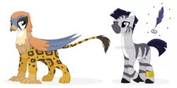 Size: 1600x800 | Tagged: safe, artist:shadobabe, derpibooru import, oc, unofficial characters only, gryphon, zebra, duo, griffon oc, image, png, simple background, white background, zebra oc